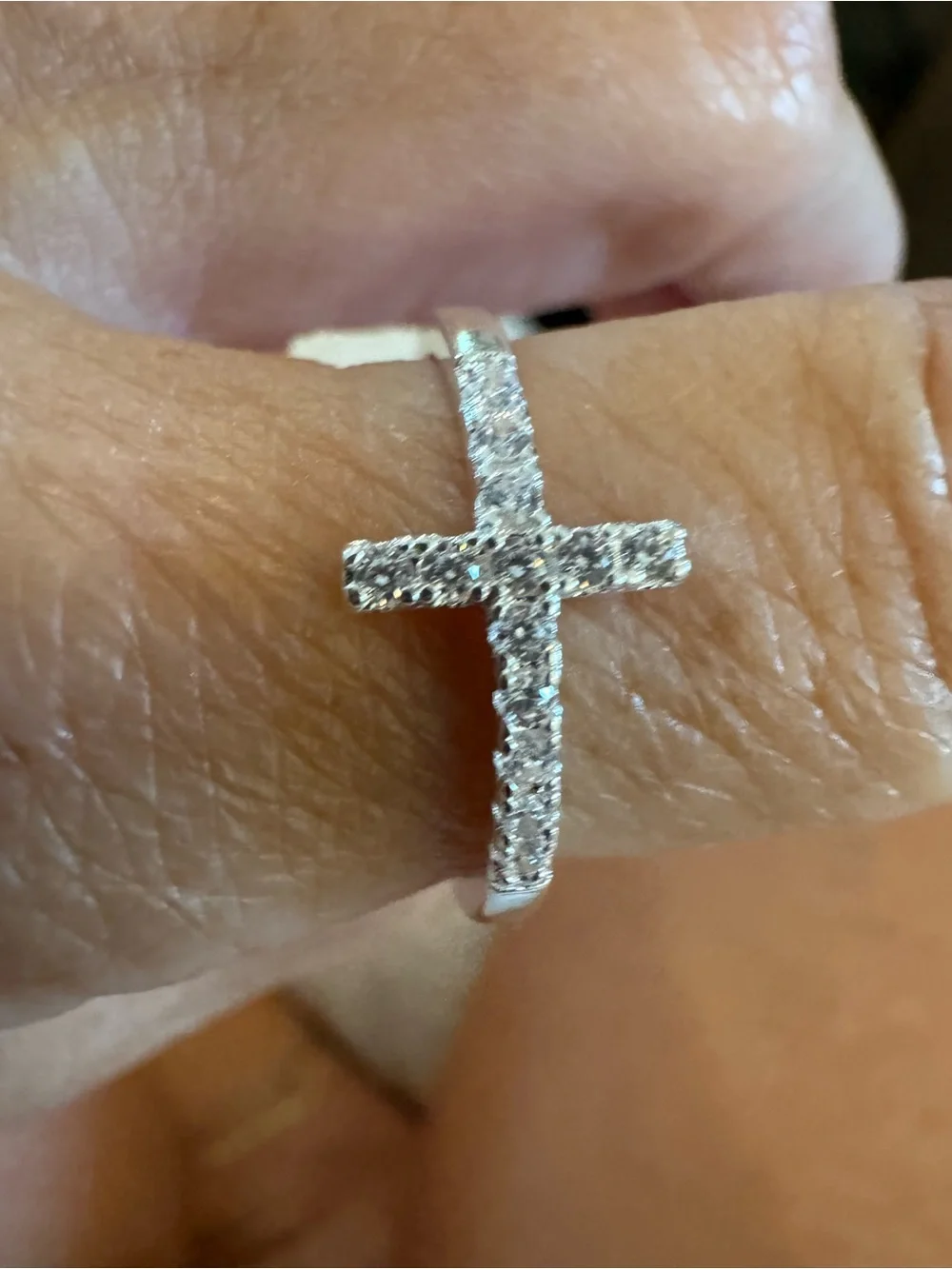Sterling-Style White Gold Plated Cross Ring with CZ Accents
